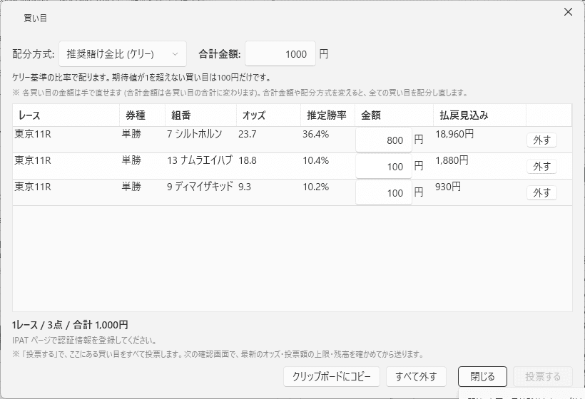 買い目画面